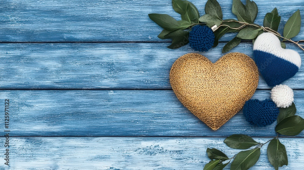 Romantic Valentine s Day Gold Heart Knitted Hearts Blue Wood Background Romantic Valentine s Day Gold Heart Knitted Hearts Blue Wood Background
