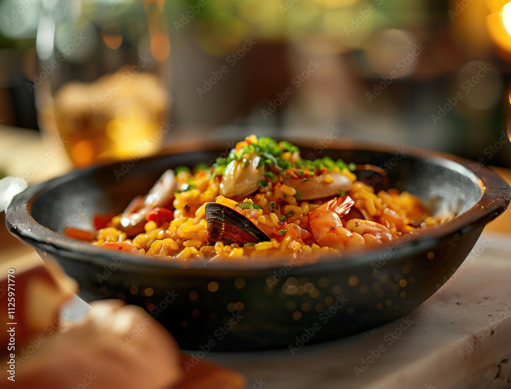 Luxurious Restaurant Serving Authentic Seafood Paella on a Ceramic Plate Luxurious Restaurant Serving Authentic Seafood Paella on a Ceramic Plate