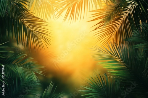 Lush green palm leaves frame a vibrant, golden sunset. Ideal for travel, vacation, or tropical themes; evokes relaxation and warmth.