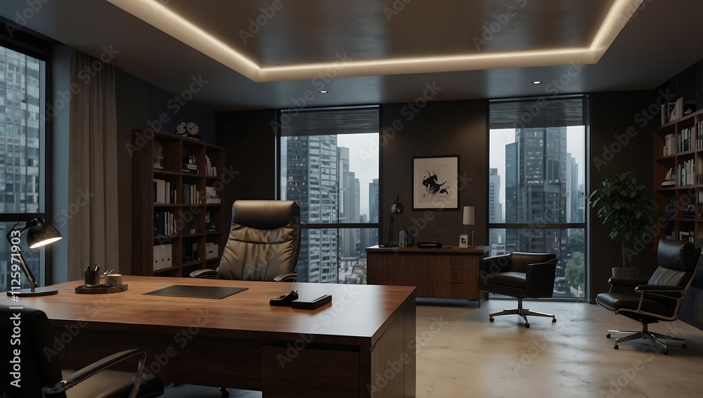 Modern Executive Office with City View and Dark Decor