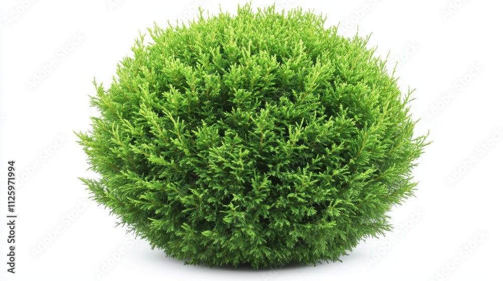 Fototapeta premium 88.A highly detailed view of a green coniferous bush in a round, tidy shape, with rich green needles densely packed across its branches. The bush has a soft, symmetrical appearance, making it a