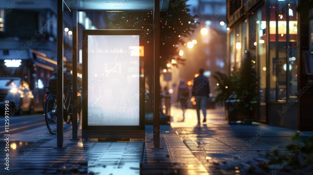 Create a nighttime urban scene with a close-up view of a modern bus stop, The central focus is a large Create a nighttime urban scene with a close-up view of a modern bus stop, The central focus is a large