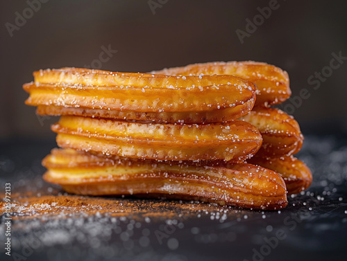 close up photo of sugary churros with cinnamon sugar, traditional Spanish dessert