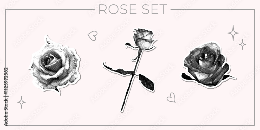 Trendy halftone collage. Set of paper cut out halftone roses for valentines day and march 8. Fashionable retro collage from the 80s. 
