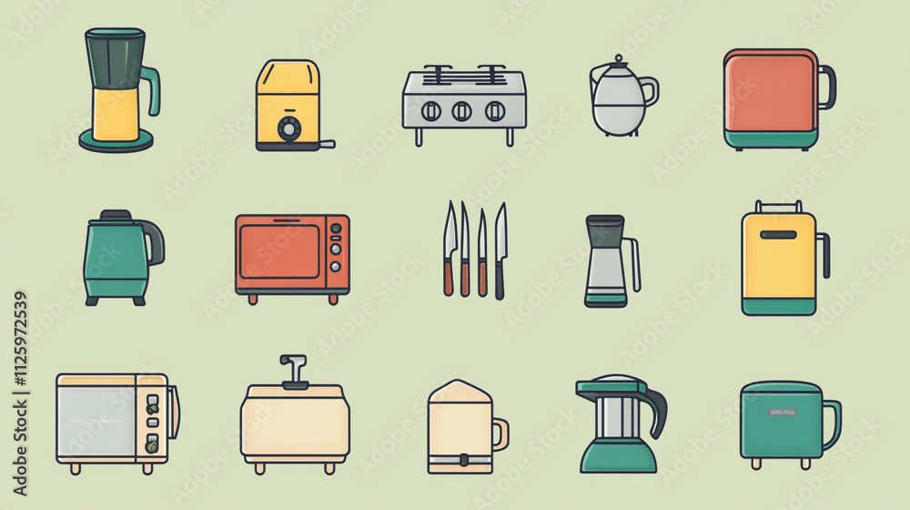 Kitchen appliances arranged in an organized layout on a soft green background Kitchen appliances arranged in an organized layout on a soft green background