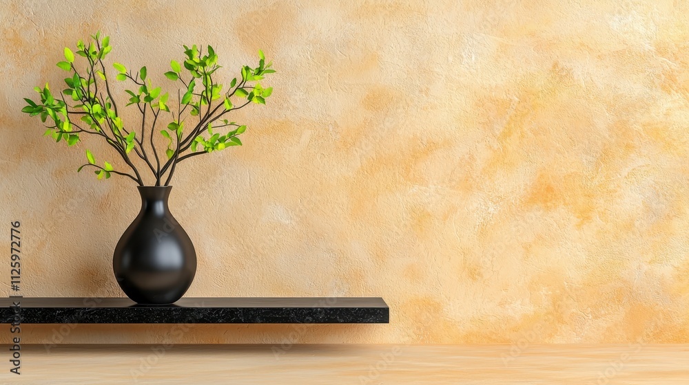 black vase with green branches sits on sleek shelf against textured yellow wall, creating serene and modern atmosphere black vase with green branches sits on sleek shelf against textured yellow wall, creating serene and modern atmosphere