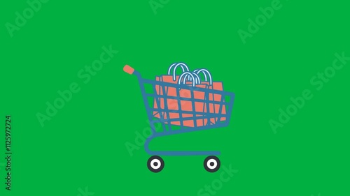 Shopping cart animation slide from left to right, E-commerce concept, 4K video green screen.