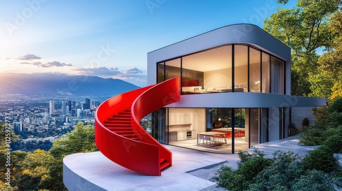 Bright Red Spiral Staircase in Futuristic Home