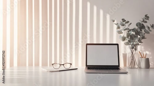 Wallpaper Mural Minimalist Home Office Desk with Laptop, Glasses, and Eucalyptus Torontodigital.ca