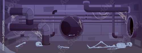 Vector illustration of abandoned sewer with a human skeleton on a dirty cobweb-covered background