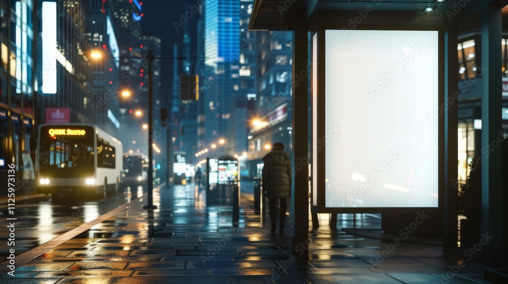 Create a nighttime urban scene with a close-up view of a modern bus stop, The central focus is a large Create a nighttime urban scene with a close-up view of a modern bus stop, The central focus is a large