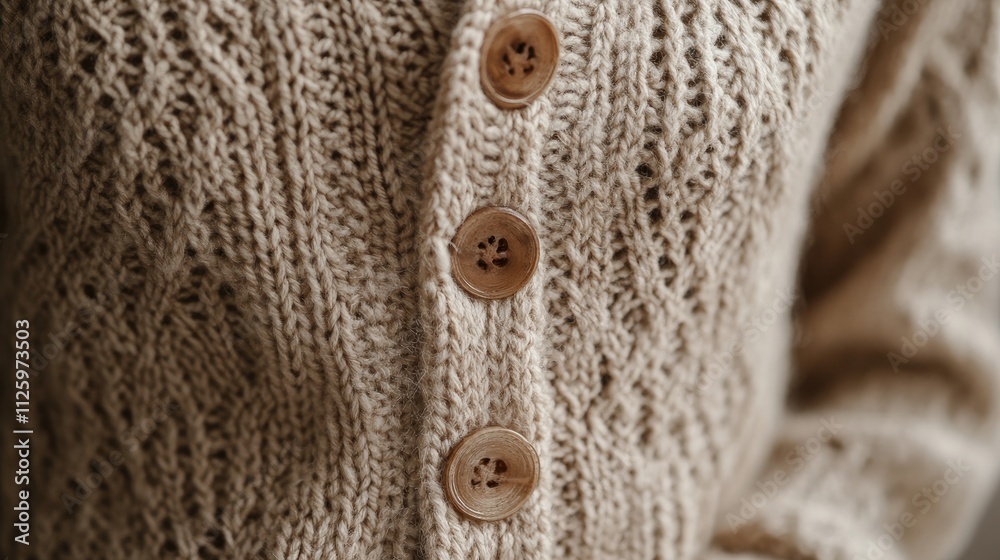 Close-up of beige knitted cardigan with wooden buttons. (1) Close-up of beige knitted cardigan with wooden buttons. (1)