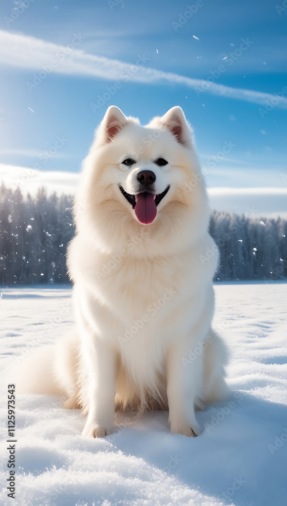 A fluffy Samoyed sitting in a snowy meadow, its pristine white coat blending with the snow, and its tongue out in a playful grin under a bright blue sky.
A fluffy Samoyed sitting in a snowy meadow, its pristine white coat blending with the snow, and its tongue out in a playful grin under a bright blue sky.
