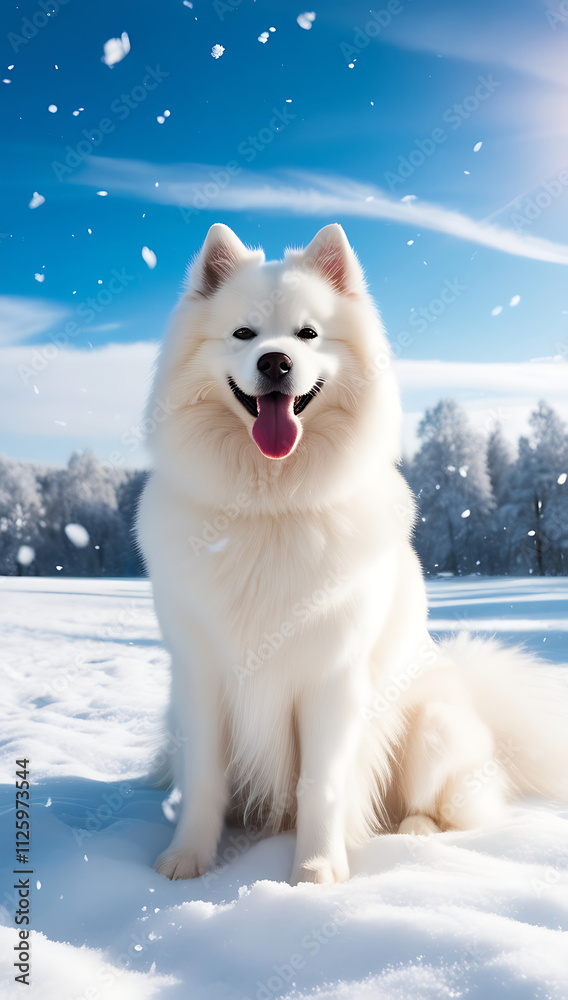 A fluffy Samoyed sitting in a snowy meadow, its pristine white coat blending with the snow, and its tongue out in a playful grin under a bright blue sky.
A fluffy Samoyed sitting in a snowy meadow, its pristine white coat blending with the snow, and its tongue out in a playful grin under a bright blue sky.