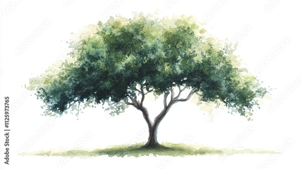 Obraz premium 20.A watercolor-style side view of a tree, showcasing its lush green canopy with layers of leaves painted in soft brushstrokes. The tree stands tall with branches that spread out naturally, creating