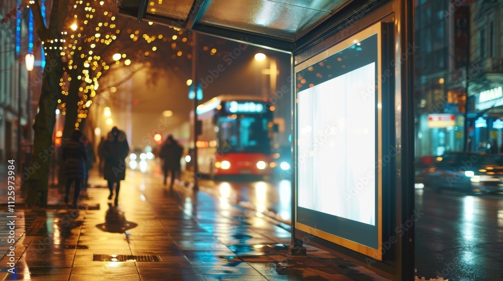 Create a nighttime urban scene with a close-up view of a modern bus stop, The central focus is a large