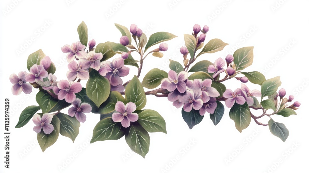 77.A vector illustration of a blooming shrub in a watercolor style, featuring soft pink and purple flowers set against a cluster of light green leaves. The plant is isolated on white, and the 77.A vector illustration of a blooming shrub in a watercolor style, featuring soft pink and purple flowers set against a cluster of light green leaves. The plant is isolated on white, and the