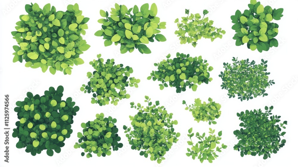 30.A vector set of green bush illustrations, isolated on a white background, with each bush featuring a dense and rounded shape with neatly layered leaves. The leaves vary slightly in size and shade, 30.A vector set of green bush illustrations, isolated on a white background, with each bush featuring a dense and rounded shape with neatly layered leaves. The leaves vary slightly in size and shade,