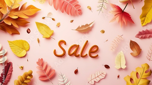 modern 3d illustration: autumn sale design with colorful leaves and elegant typography on a pink background, conveying a seasonal theme.