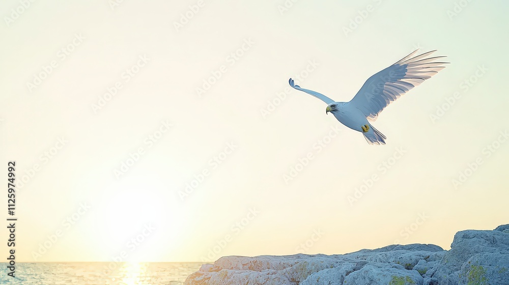 Naklejka premium Majestic White Bird of Prey Soaring Coastal Sunset Freedom Flight Wildlife