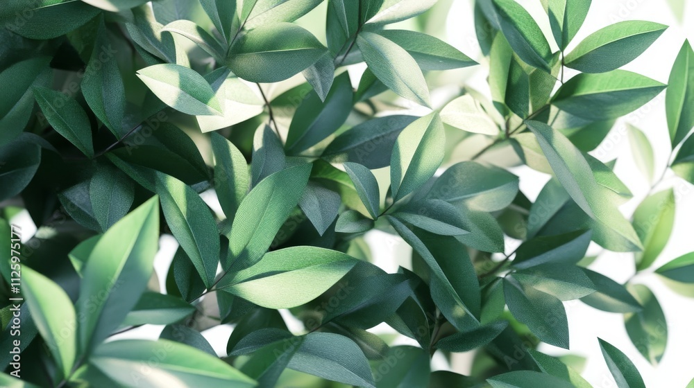 Fototapeta premium 75.A close-up, hyper-realistic view of vibrant green garden bushes, each leaf showing intricate vein patterns and slight color variations from dark to light green. The bushes appear full and lush,