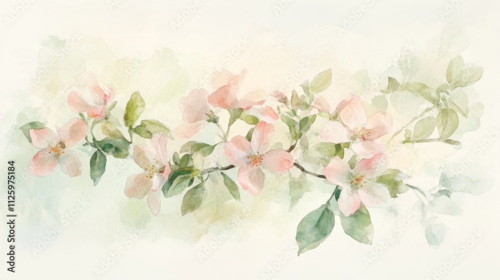 Obraz premium 80.A watercolor illustration of a small, blooming shrub, with pale pink flowers and light green leaves in a soft, flowing arrangement. The watercolor style blends gently from one color to the next,