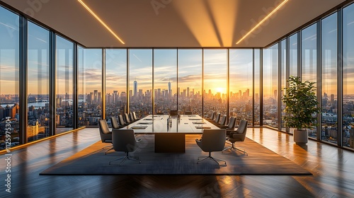 Modern Office Meeting Room with City Skyline at Sunset