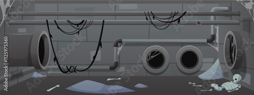 Abandoned sewage sewer drainage pipes system with human skeletons cobwebs, vector cartoon basement pipeline construction