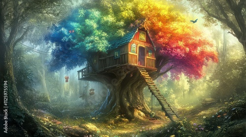 Colorful Treehouse Surrounded by Enchanting Forest Light