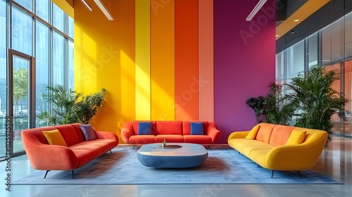 Bright and Modern Office Lounge with Vibrant Couch Seating
