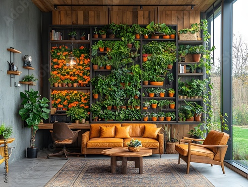 Stylish Compact Office Workspace with Vertical Gardens and Modern Decor