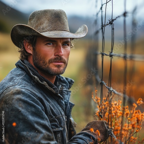 A rugged man in a cowboy hat leans against a barbed wire fence in a rural landscape.