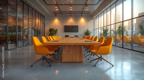 Modern Corporate Conference Room with Glass Walls and Table