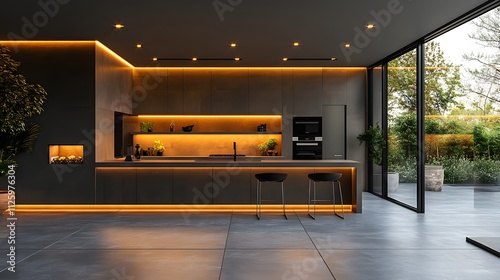 Modern Corporate Office Kitchen with Sleek Appliances and Lighting