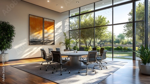 Modern Corporate Meeting Room with Large Round Table and Windows