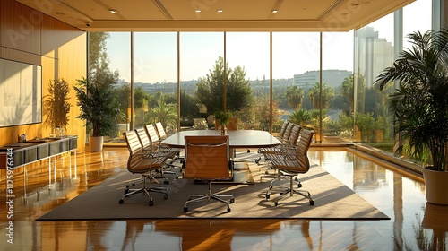 Modern Corporate Meeting Room with Large Round Table and Windows