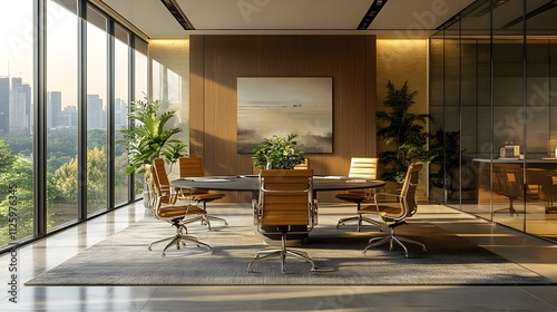 Modern Corporate Meeting Room with Large Round Table and Views