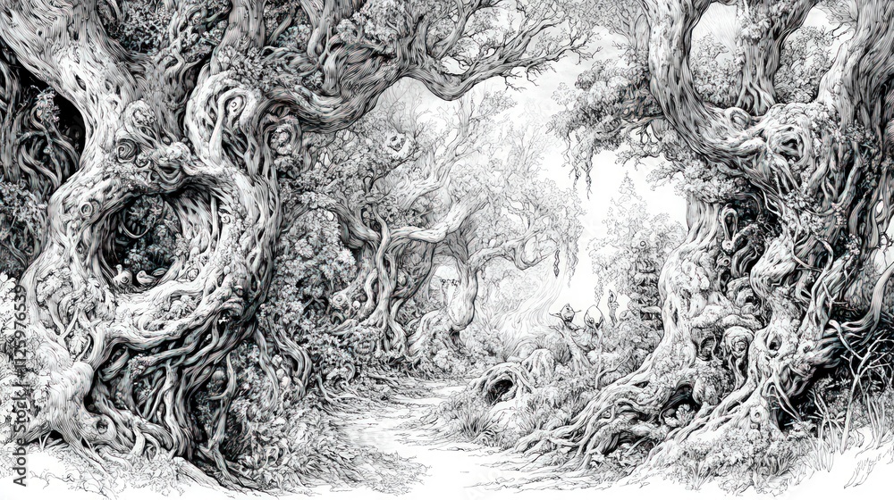 Path through ancient, gnarled forest trees. Path through ancient, gnarled forest trees.