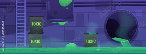 Sewage sewer drainage pipes system, vector cartoon industrial urban canalization pipeline, dripping toxic liquid, ladder