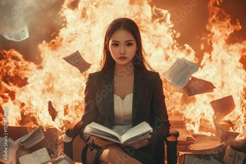 Woman in blazer calmly reads amidst burning papers. Illustrates resilience, facing challenges, or overcoming adversity. photo