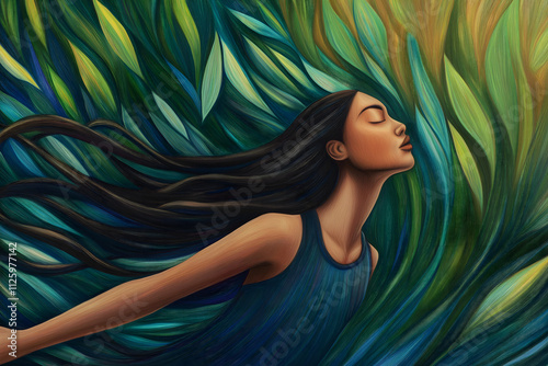Serene Illustration of a Woman in Flowing Green and Blue Natural Surroundings