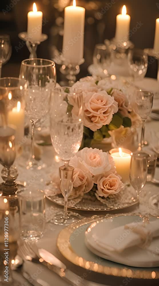 Close up of wedding reception table setting with flower arrangements, soft candlelight casting a warm glow