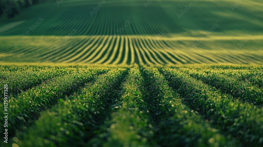 Lush green field with rows of crops, bathed in sunlight. Ideal for agriculture, nature, and environmental themes. Lush green field with rows of crops, bathed in sunlight. Ideal for agriculture, nature, and environmental themes.