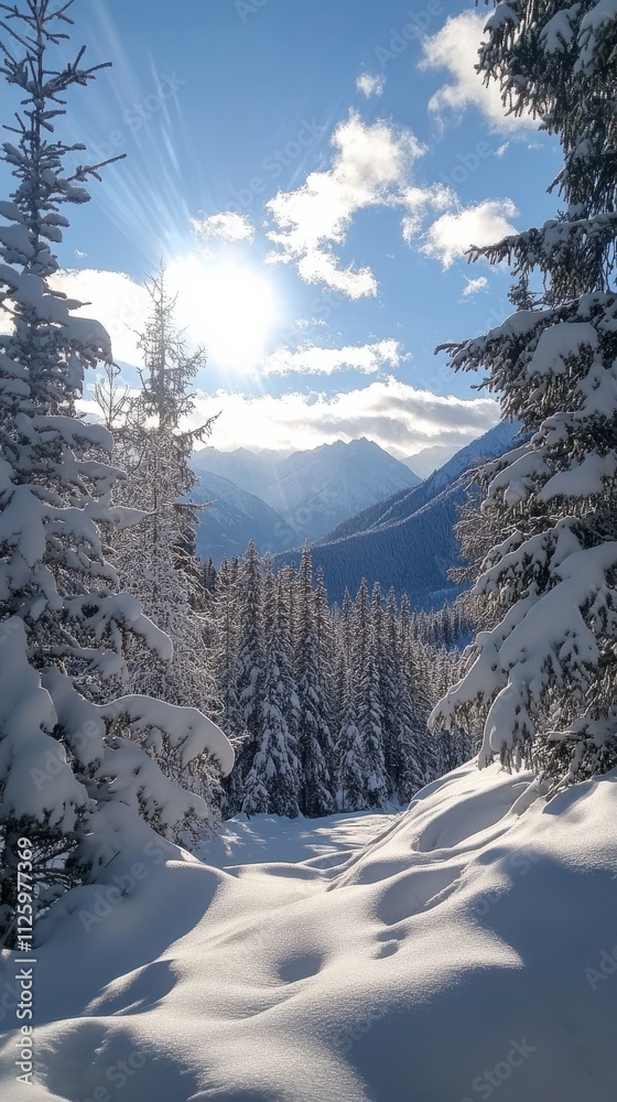 Obraz premium Winter Forest with Snow-Covered Mountains and Blue Sky