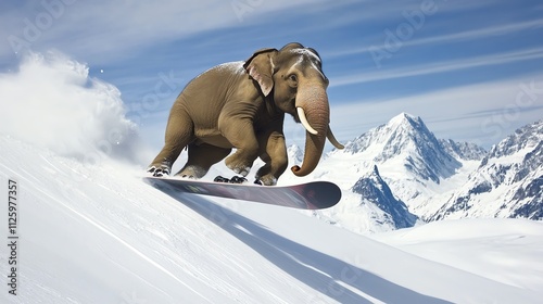 A playful elephant snowboarding down a snowy mountain, showcasing fun and adventure in a winter wonderland.
