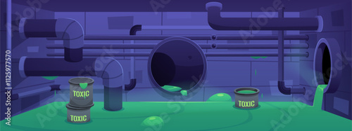 A sewer system with pipes and flowing toxic green liquid in the vector.