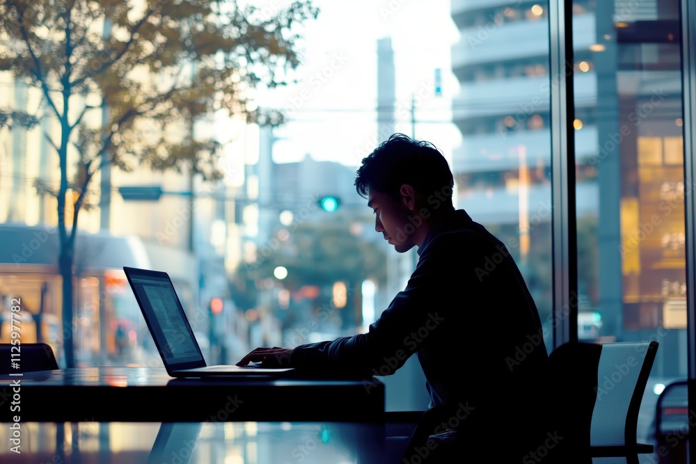 Silhouette of Professional Man Working on Laptop in Modern Urban Cafe with Scenic City View and Ambient Lighting Silhouette of Professional Man Working on Laptop in Modern Urban Cafe with Scenic City View and Ambient Lighting