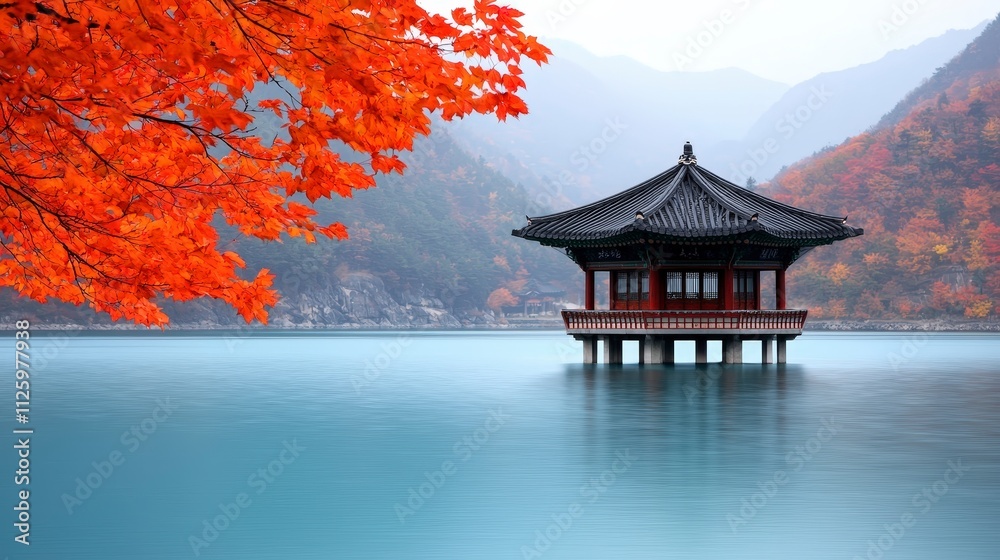 Serene Autumn Lake Pavilion  Korean Landscape  Fall Foliage  Tranquil Waters