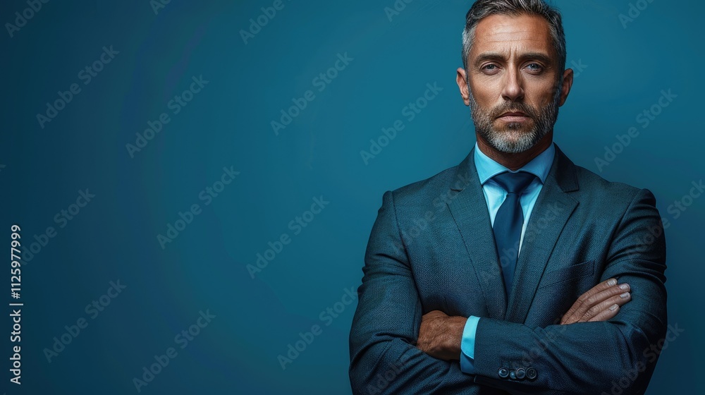 Confident businessman with arms crossed, serious expression against a teal background.