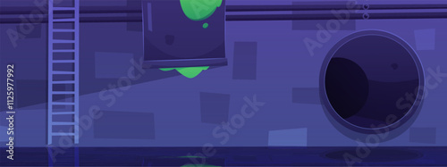 Sewage, sewer drainage pipes system, vector cartoon industrial urban canalization pipeline with ladder and toxic liquid
